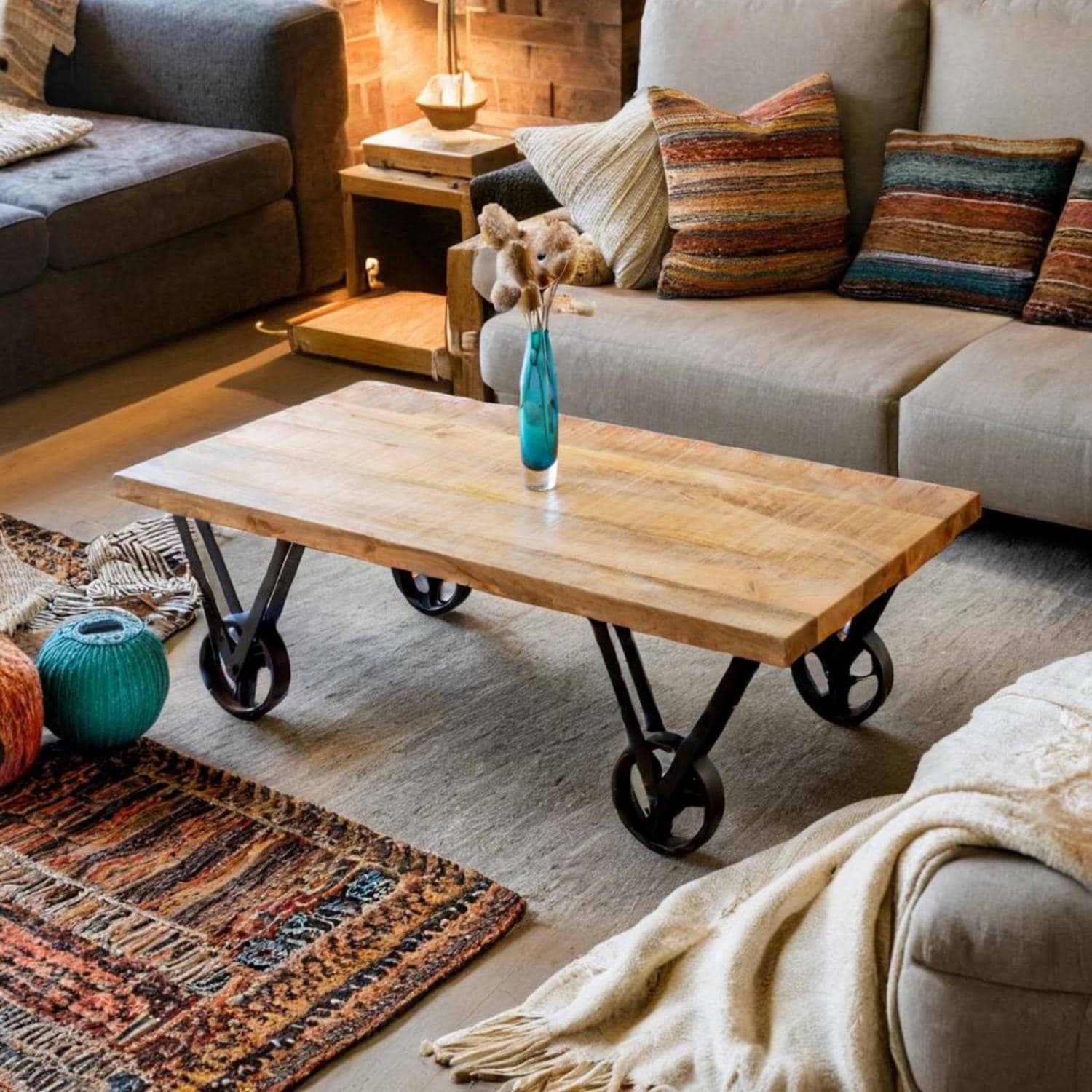 COFFEE TABLE Mango Wood on Iron wheel base