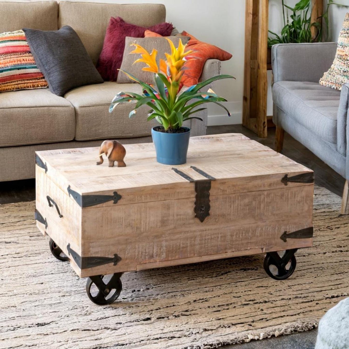 Mango wood Chest Coffee Table on Wheels
