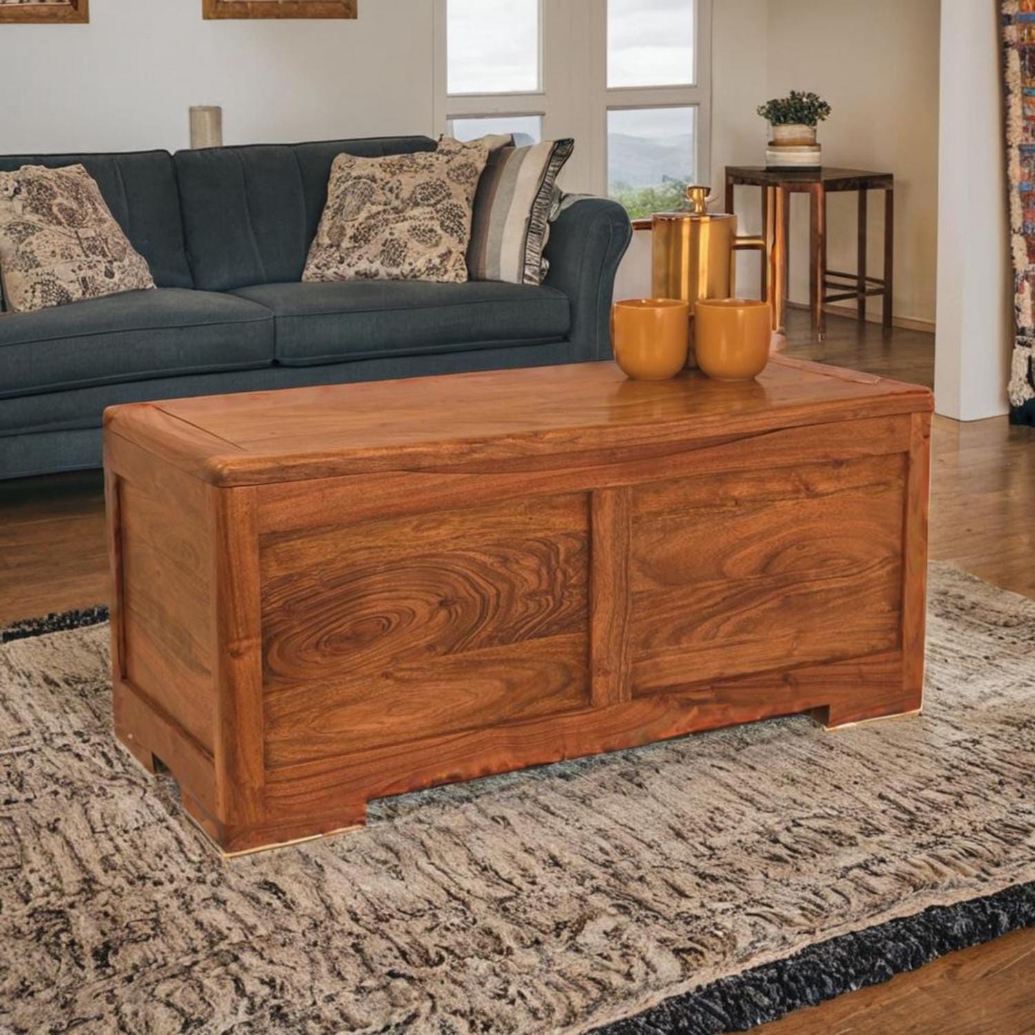 Acacia Wood Storage Chest Coffee Table: Ottoman Blanket Box