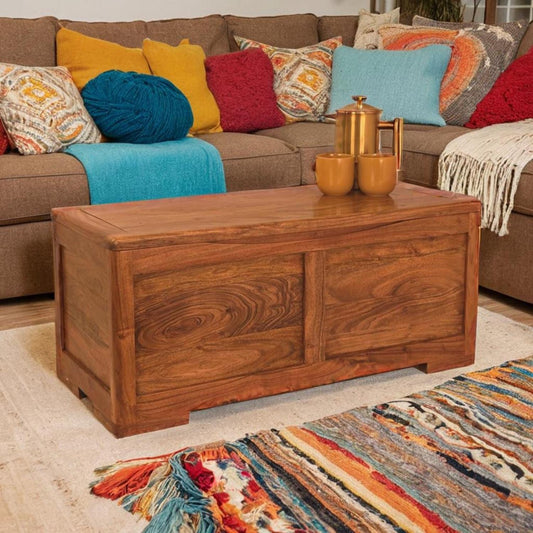 Acacia Wood Storage Chest Coffee Table: Ottoman Blanket Box