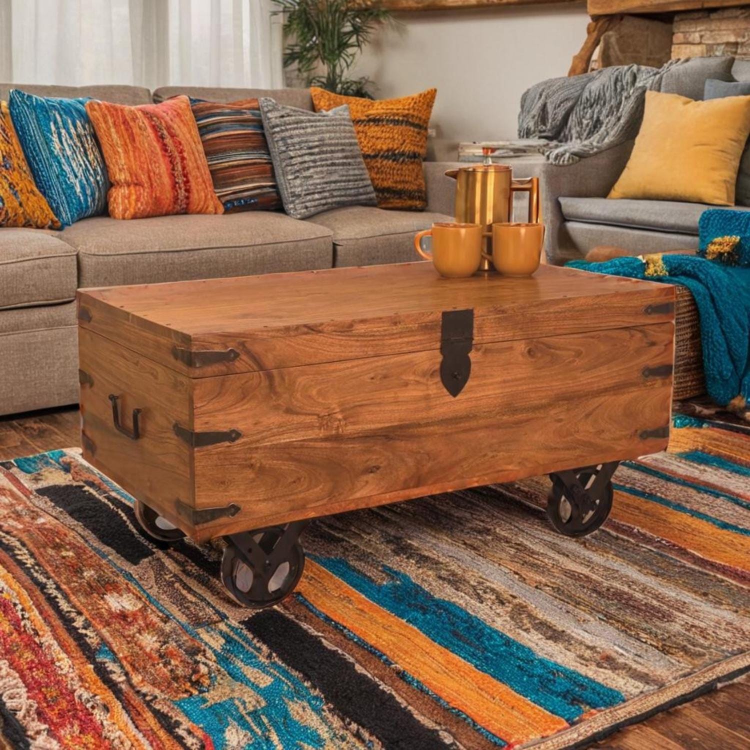 Acacia Wood Trunk Coffee Table on Wheels: Rustic Storage Blanket Box