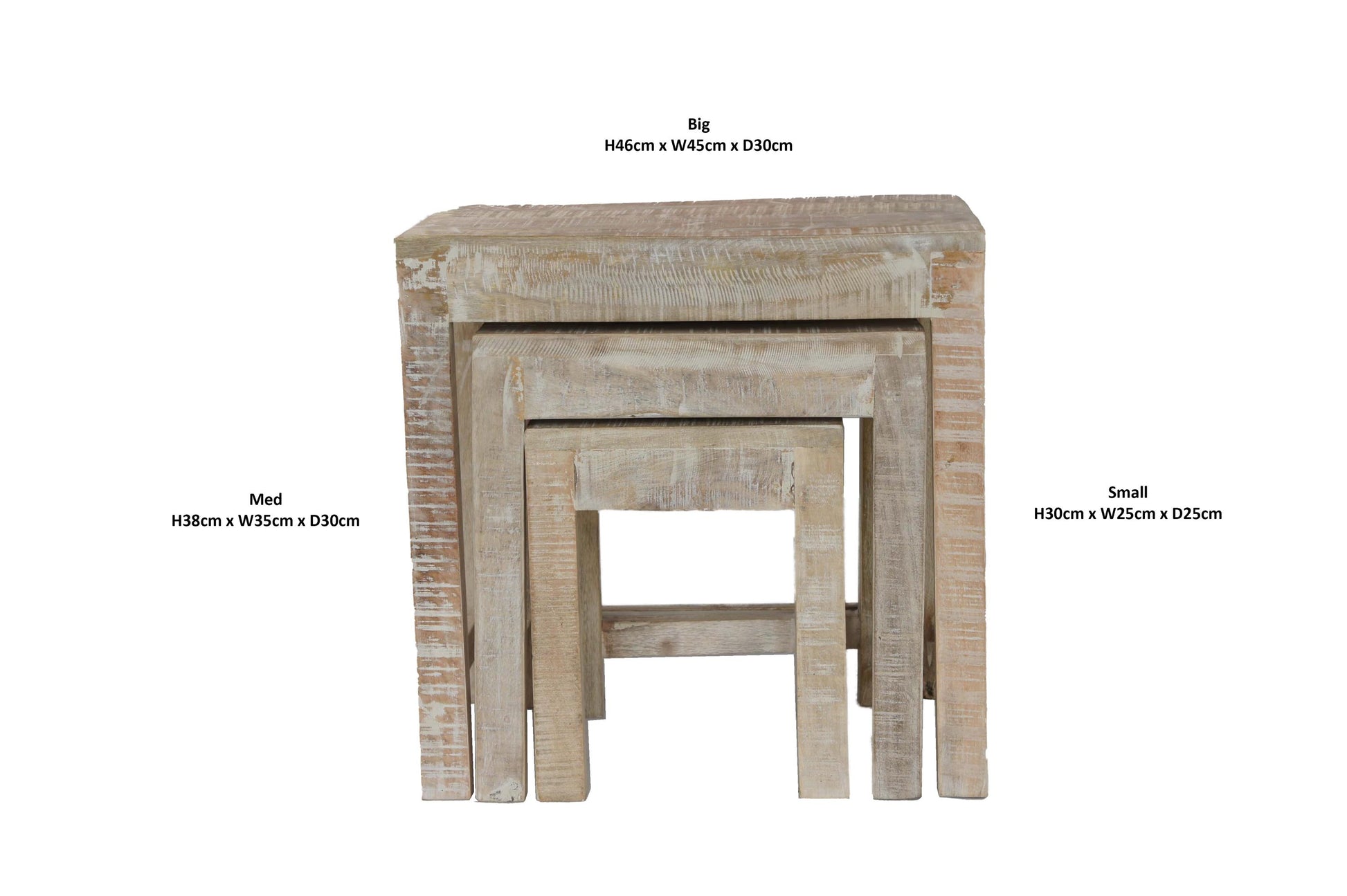 Mango rough sawn distressed white washed nest of tables