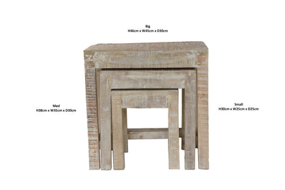 Mango rough sawn distressed white washed nest of tables