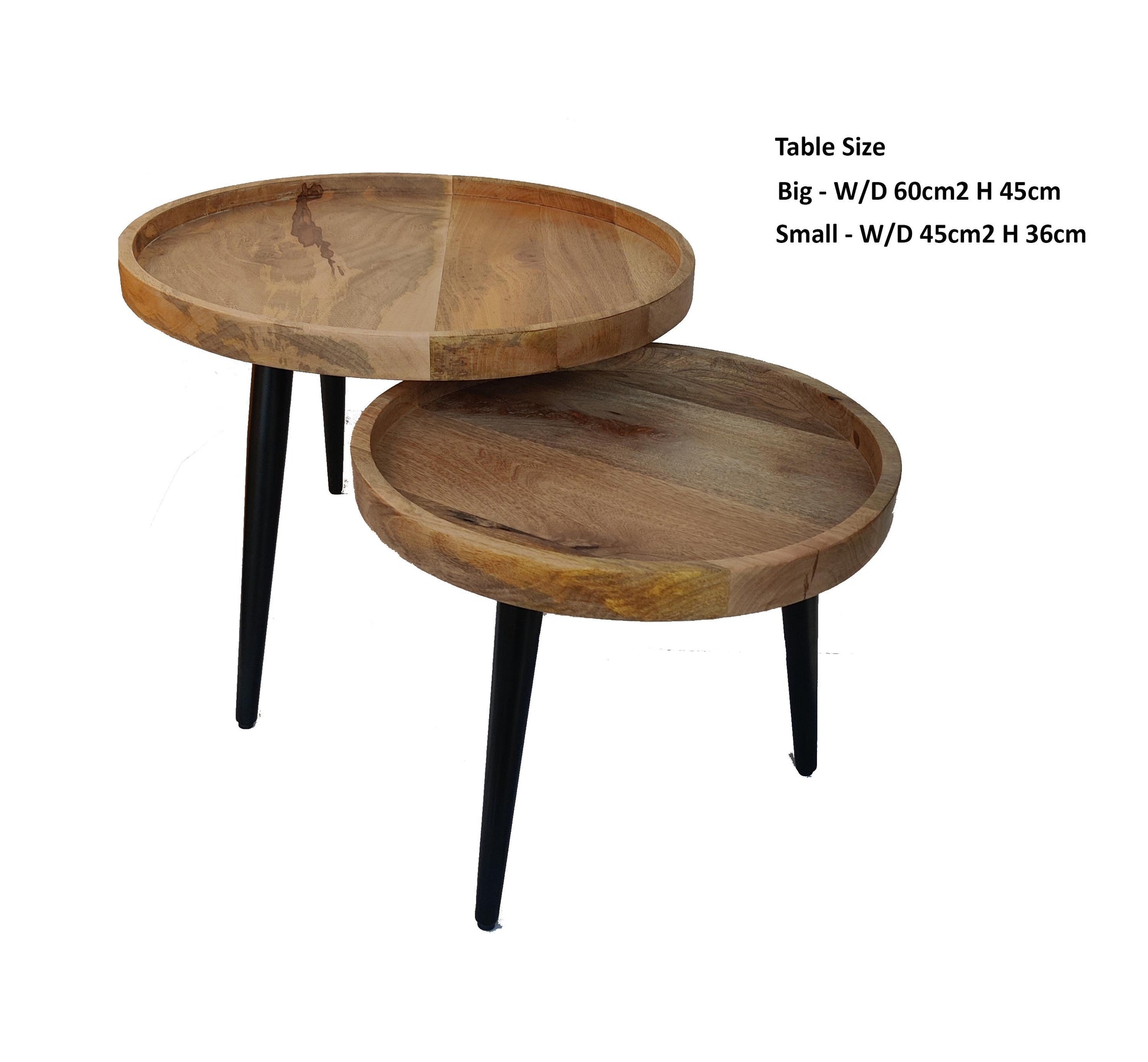 Round side tables, end tables , Mango wood set 2 black iron pin legs