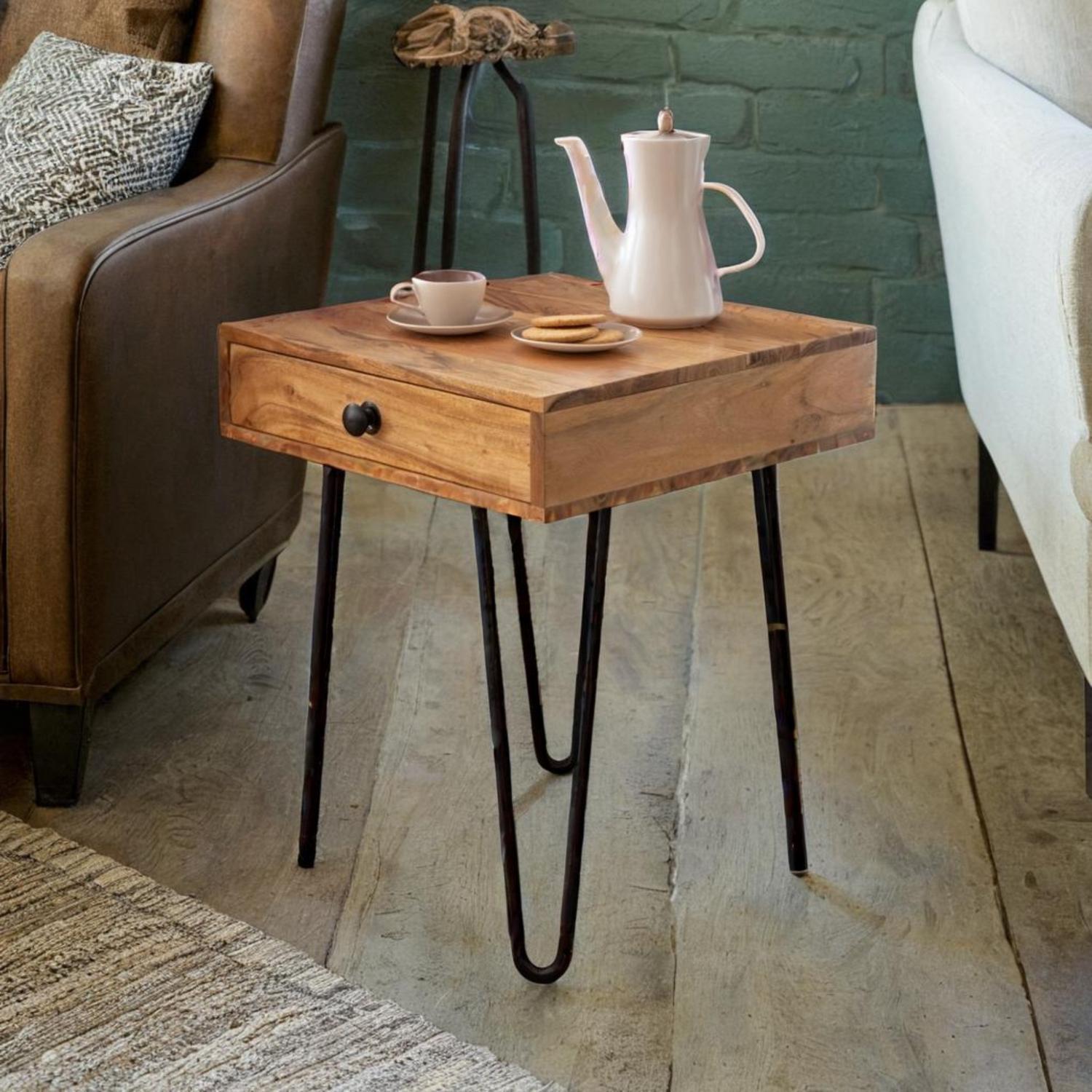 Acacia Wood Hairpin Leg Side Table: Modern End Table with Drawer