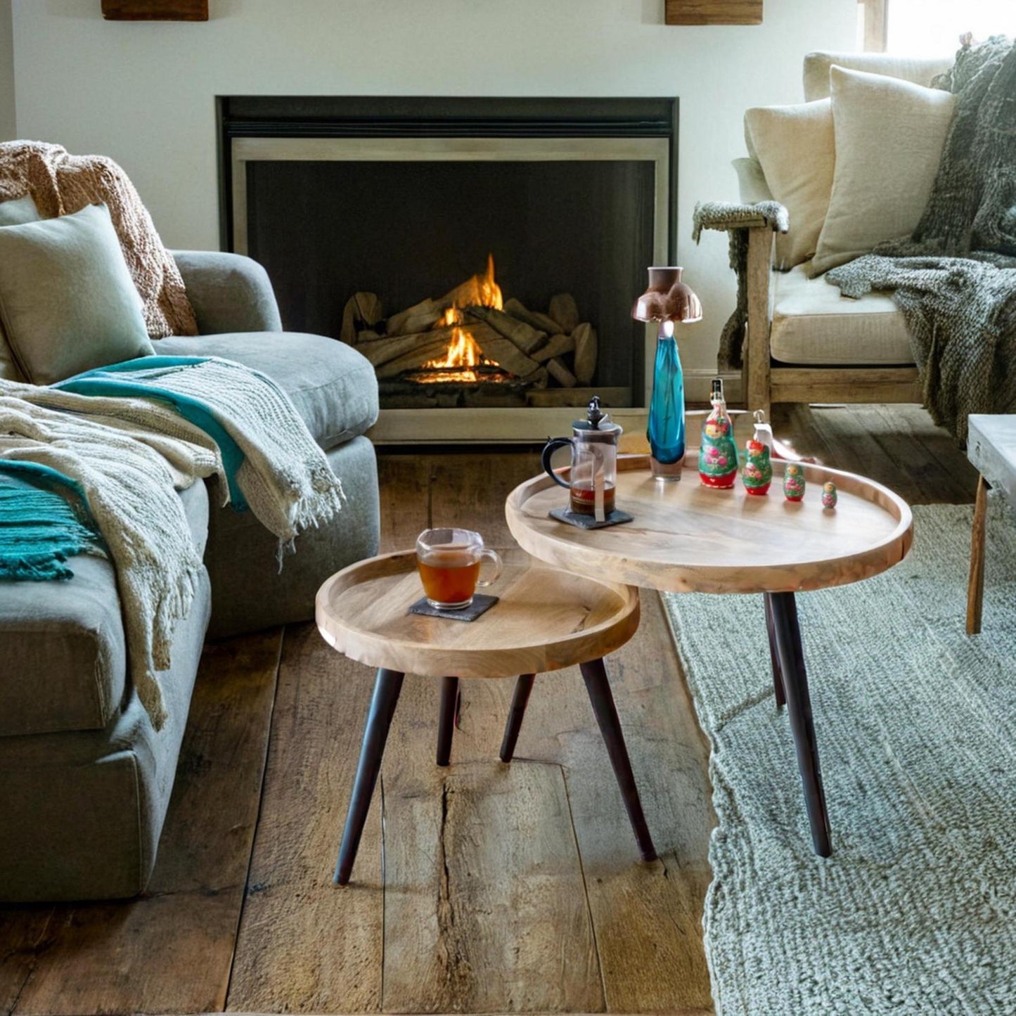 Round side tables, end tables , Mango wood set 2 black iron pin legs