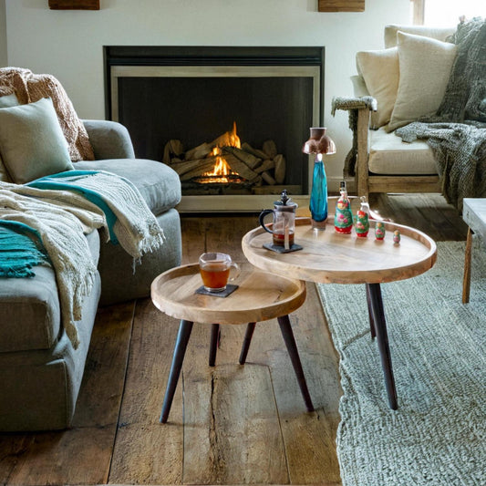 Round side tables, end tables , Mango wood set 2 black iron pin legs