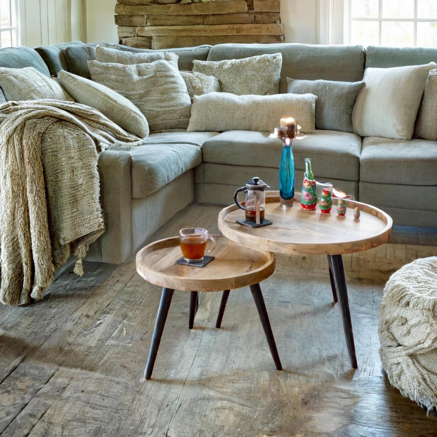 Round side tables, end tables , Mango wood set 2 black iron pin legs