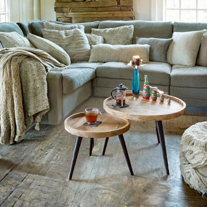 Round side tables, end tables , Mango wood set 2 black iron pin legs