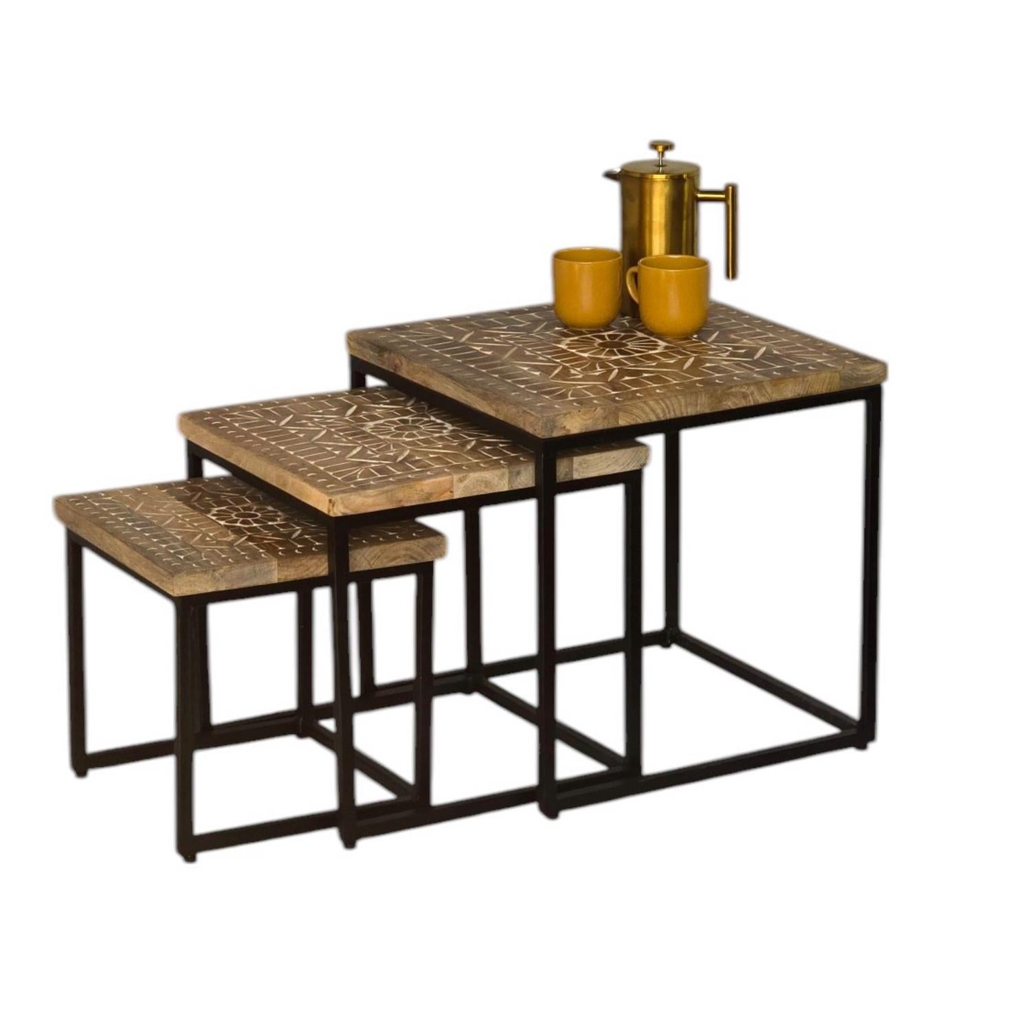 Nest of 3 Mangowood Hand carved square Tables