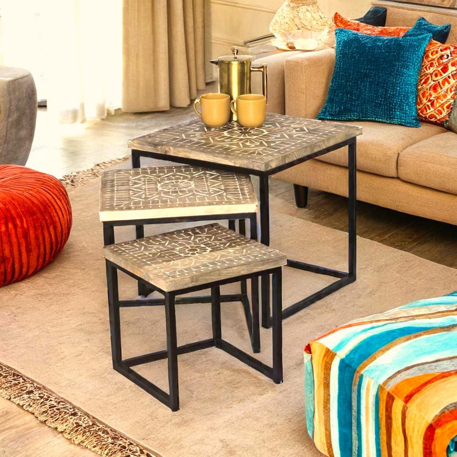 Nest of 3 Mangowood Hand carved square Tables