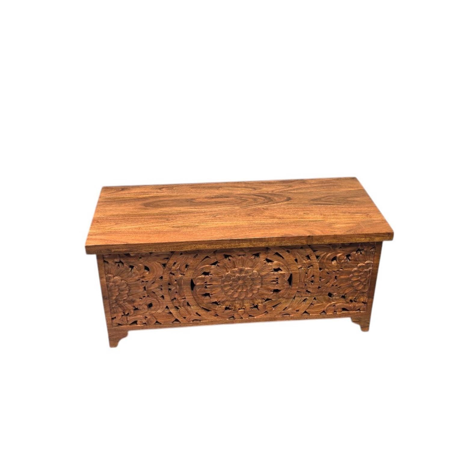 Coffee Table Chest with Storage Hand Carved Acacia Wood Trunk