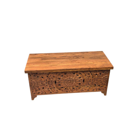 Coffee Table Chest with Storage Hand Carved Acacia Wood Trunk