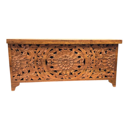 Coffee Table Chest with Storage Hand Carved Acacia Wood Trunk