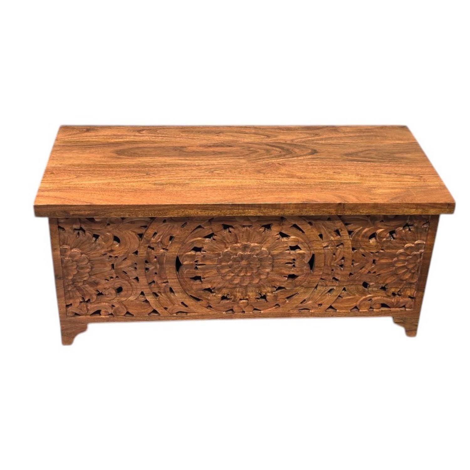 Coffee Table Chest with Storage Hand Carved Acacia Wood Trunk