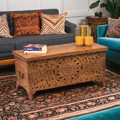 Coffee Table Chest with Storage Hand Carved Acacia Wood Trunk
