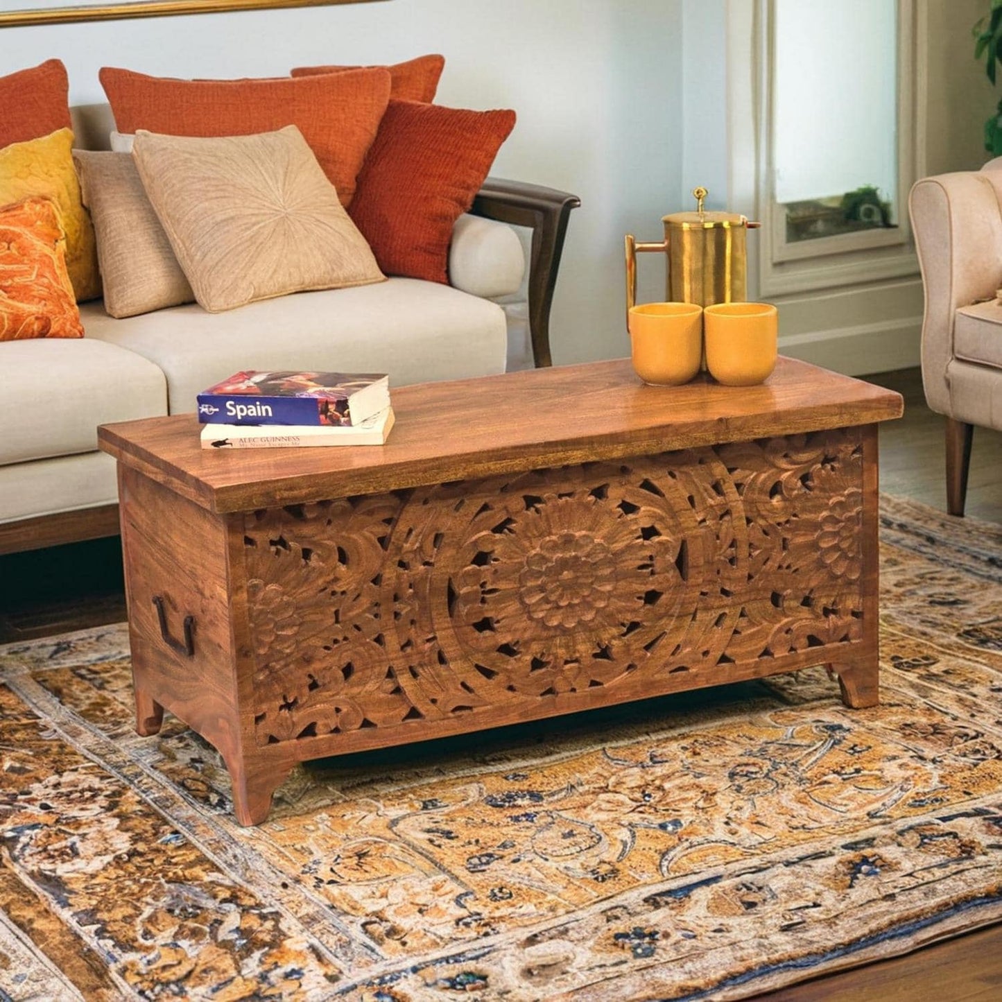 Coffee Table Chest with Storage Hand Carved Acacia Wood Trunk