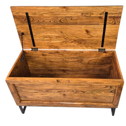Chest Coffee Table with Storage Acacia Wood Black Iron Base modern blanket box trunk