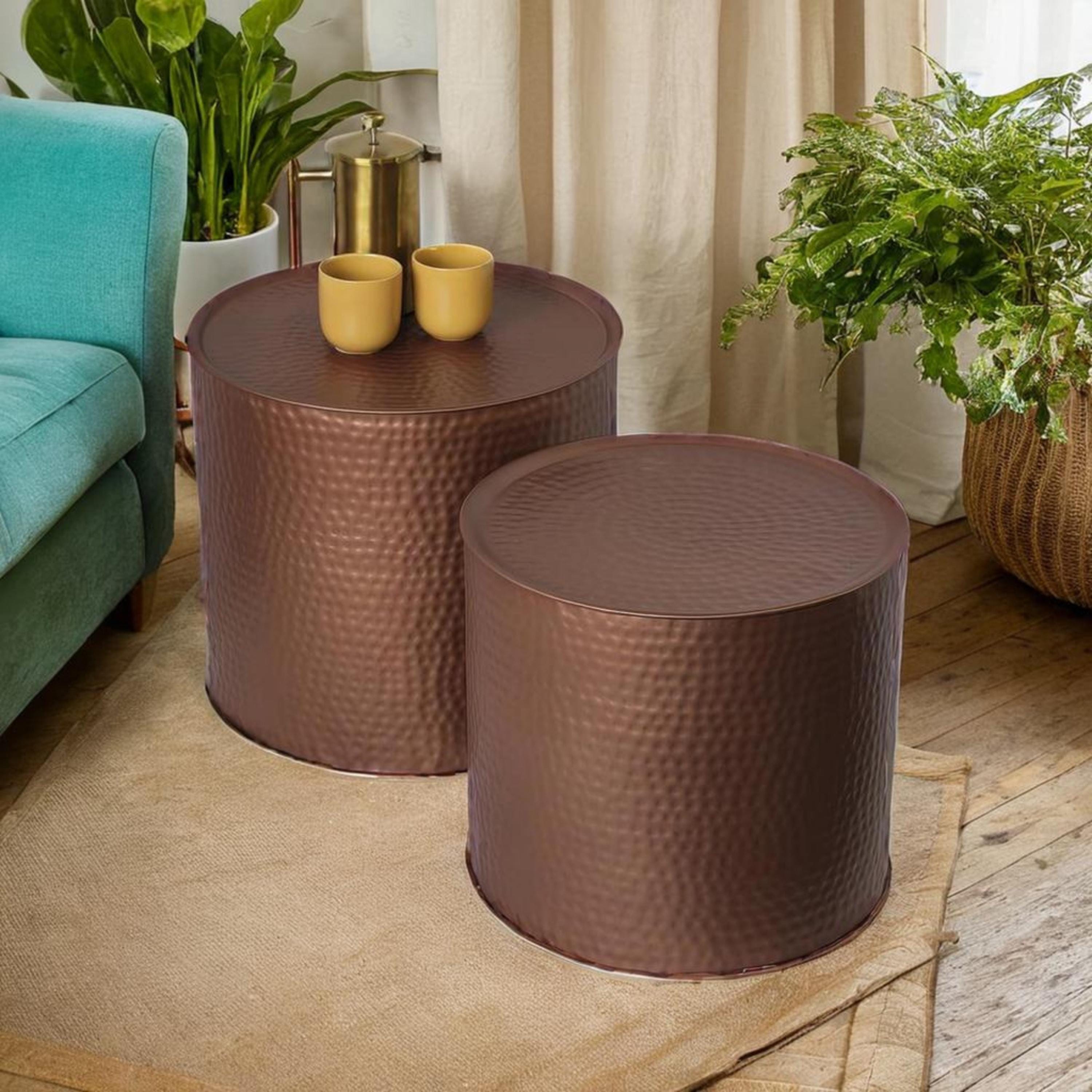 Drum Round Nest of Tables Hammered Aluminium Bronze Finish