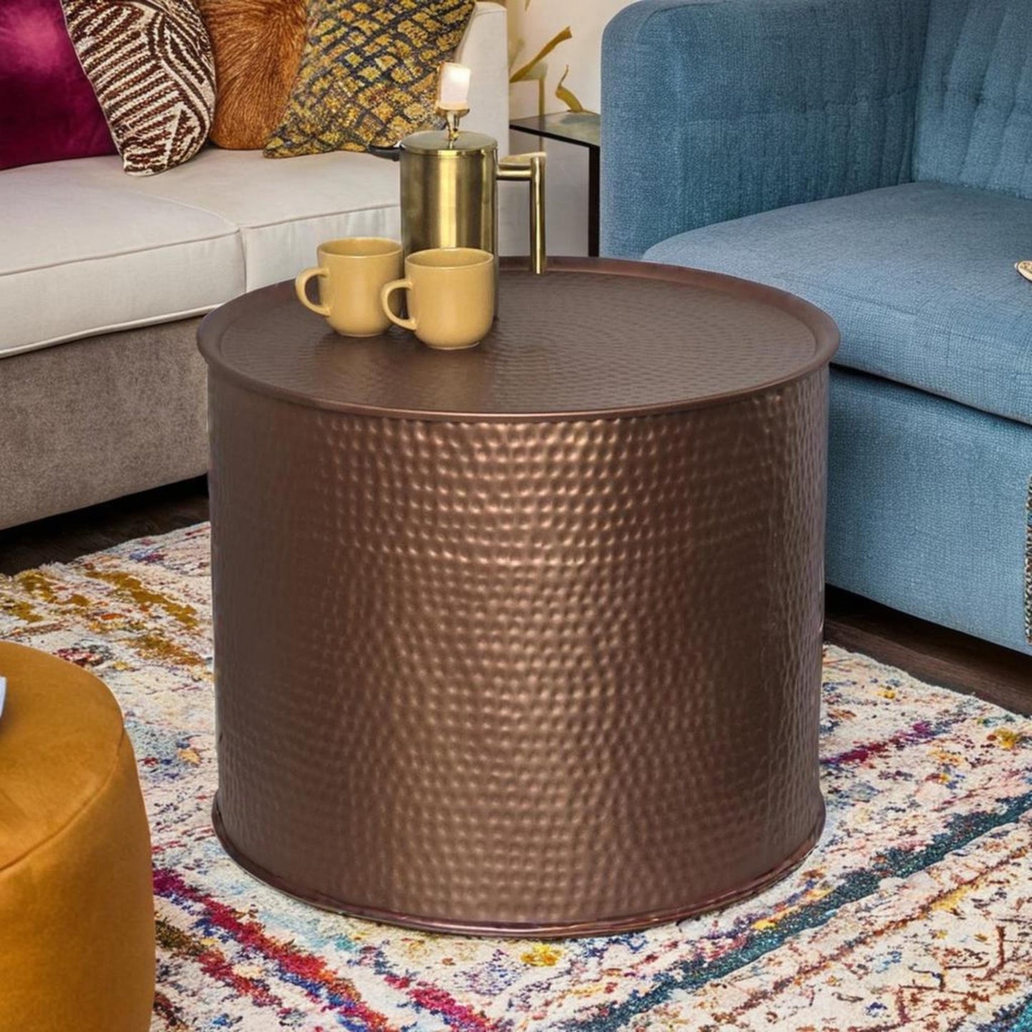Drum Round Coffee Table With Storage Hammered Aluminium Bronze Finish