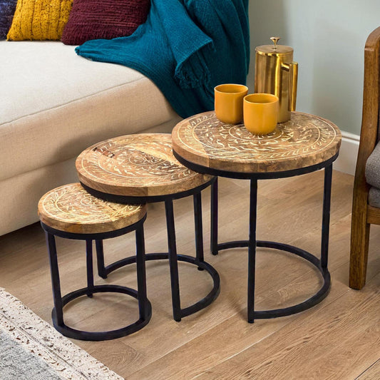 Hand Carved Mango set Of 3 Nesting Side Table's