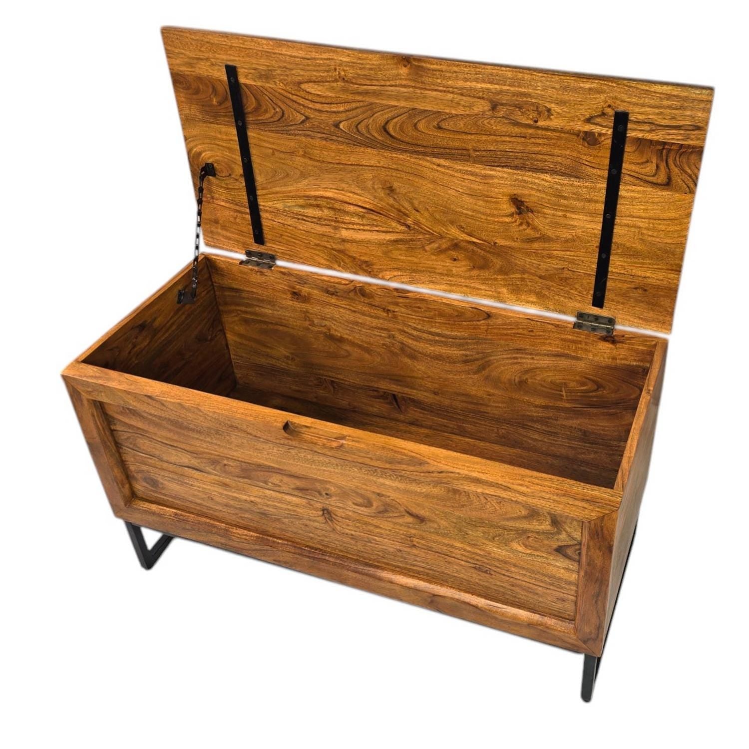 Chest Coffee Table with Storage Acacia Wood Black Iron Base modern blanket box trunk
