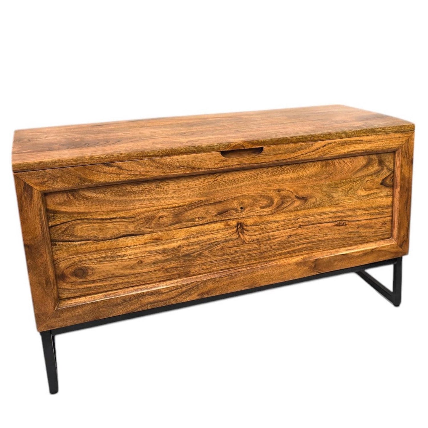 Chest Coffee Table with Storage Acacia Wood Black Iron Base modern blanket box trunk