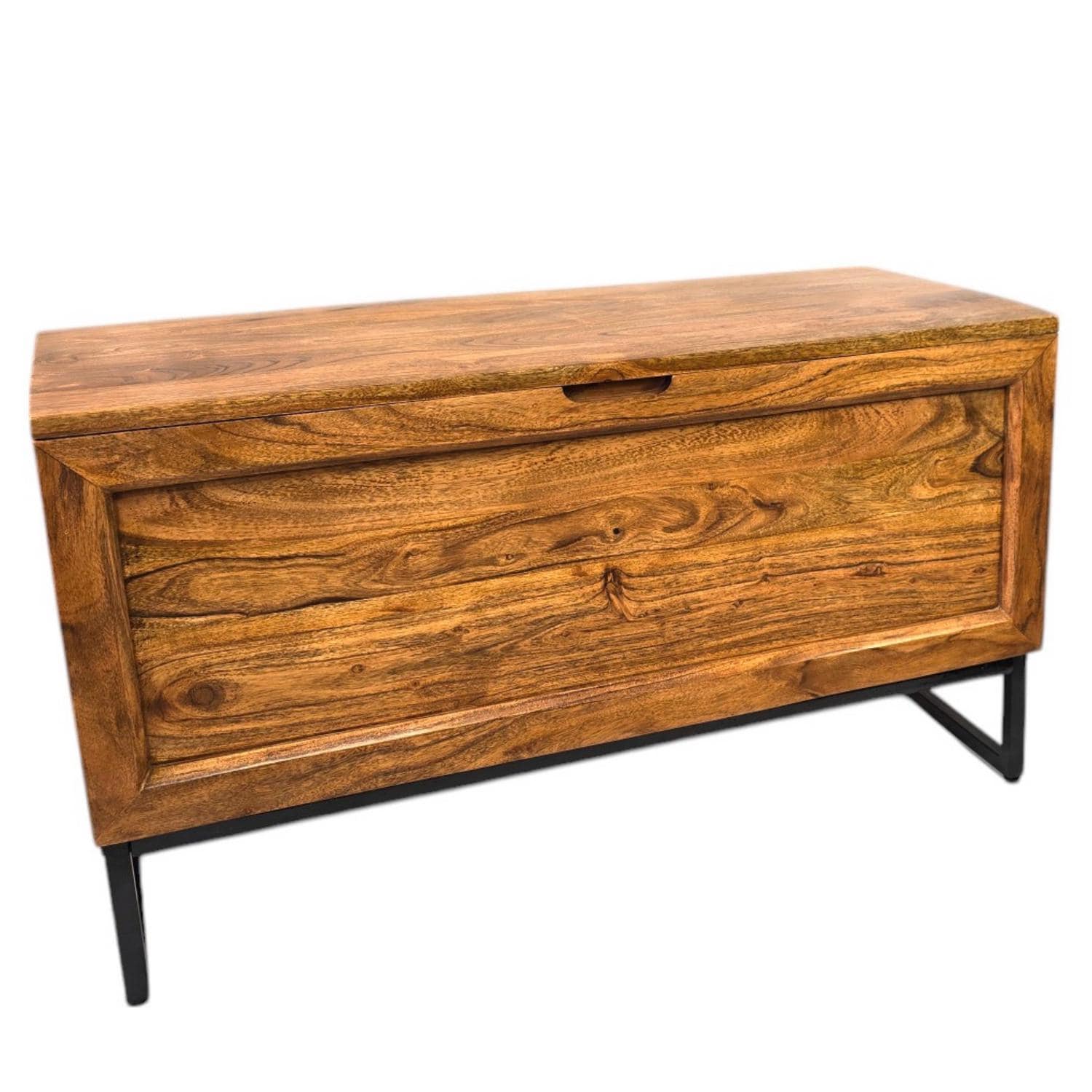 Chest Coffee Table with Storage Acacia Wood Black Iron Base modern blanket box trunk