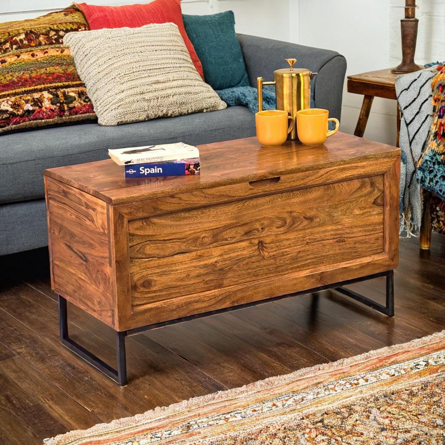 Chest Coffee Table with Storage Acacia Wood Black Iron Base modern blanket box trunk