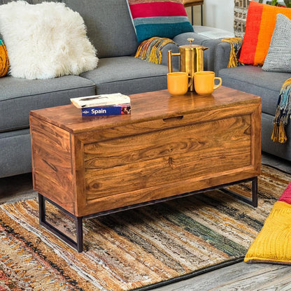 Chest Coffee Table with Storage Acacia Wood Black Iron Base modern blanket box trunk
