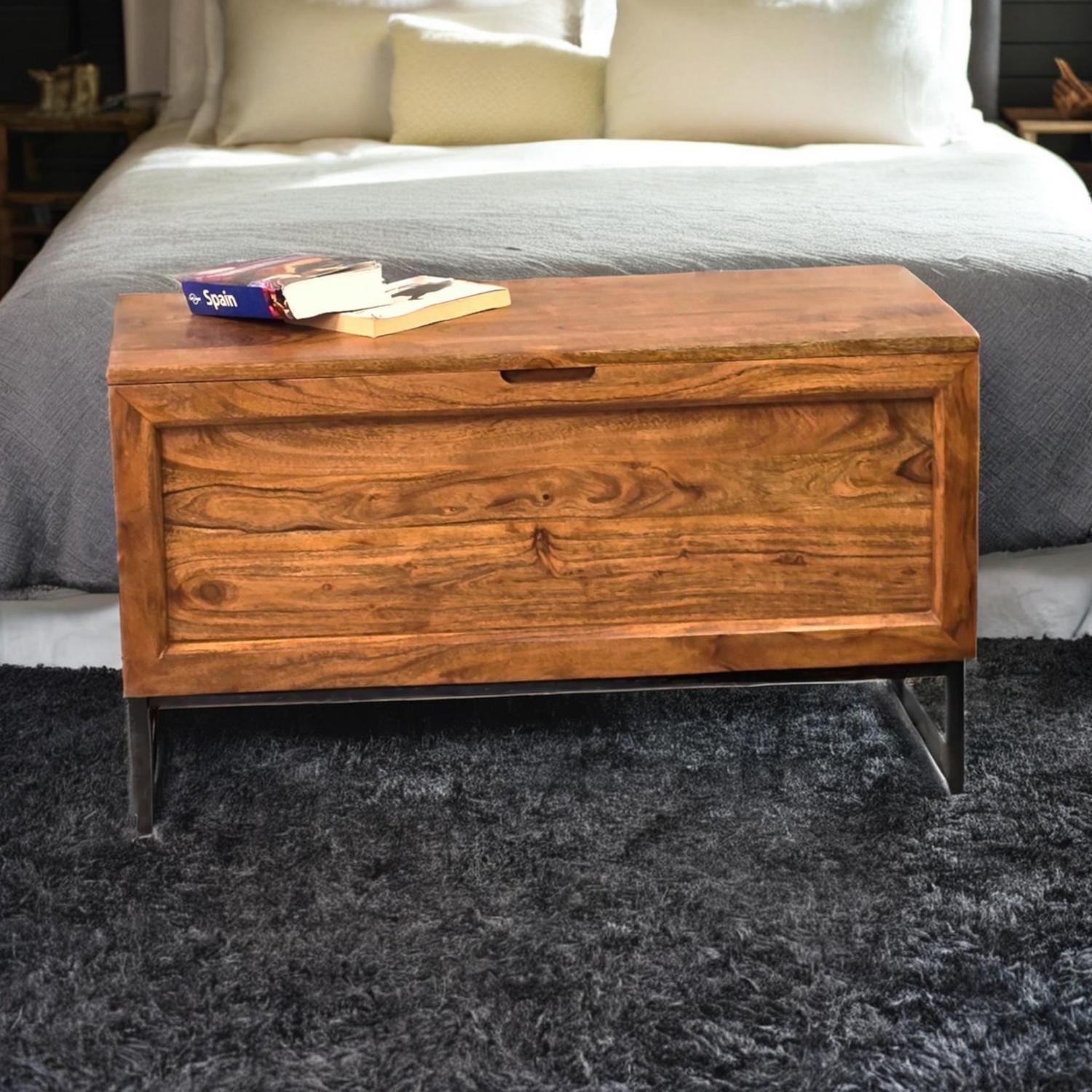 Chest Coffee Table with Storage Acacia Wood Black Iron Base modern blanket box trunk
