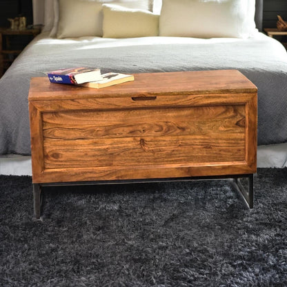 Chest Coffee Table with Storage Acacia Wood Black Iron Base modern blanket box trunk