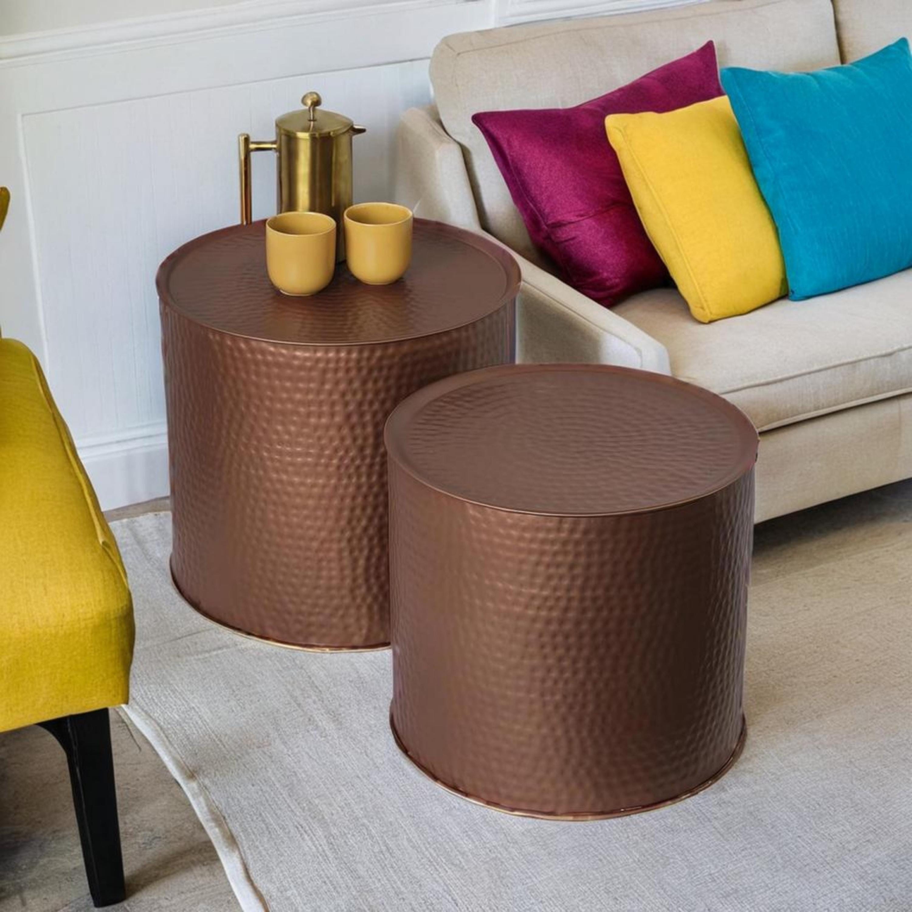 Drum Round Nest of Tables Hammered Aluminium Bronze Finish