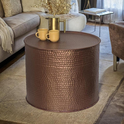 Drum Round Coffee Table With Storage Hammered Aluminium Bronze Finish