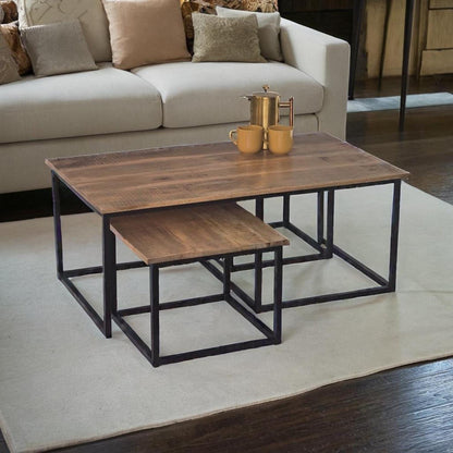 Coffee Table Nest Distressed Mango wood on Iron base set 3