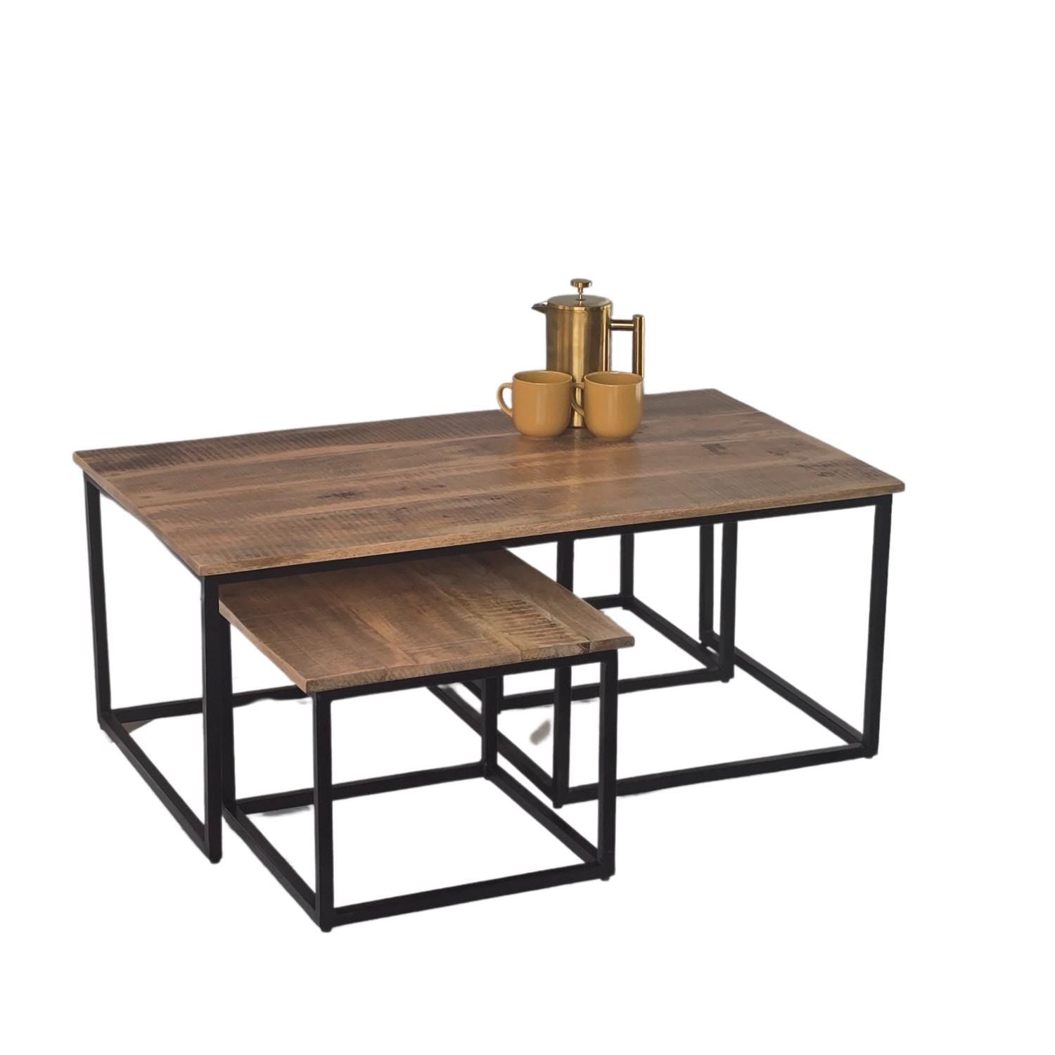 Coffee Table Nest Distressed Mango wood on Iron base set 3