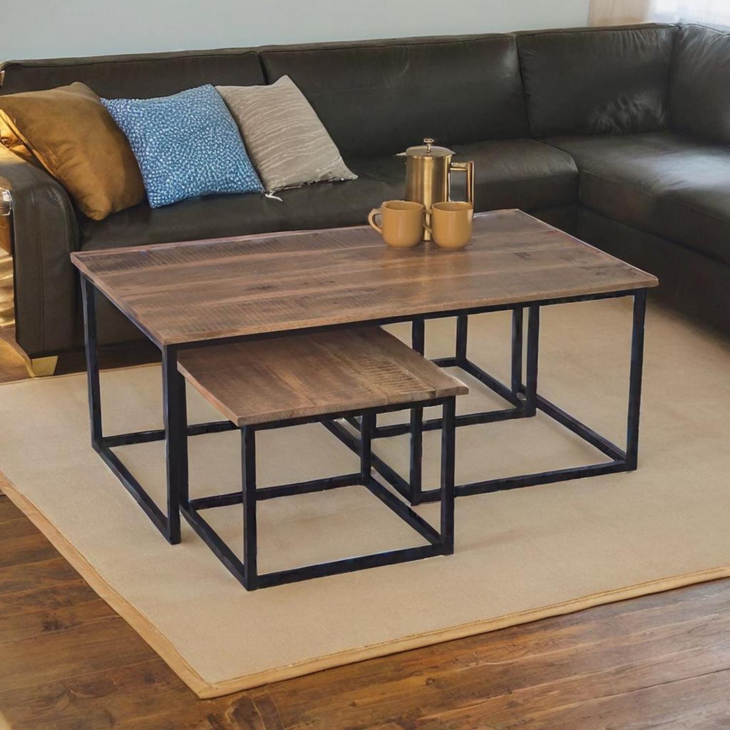 Coffee Table Nest Distressed Mango wood on Iron base set 3