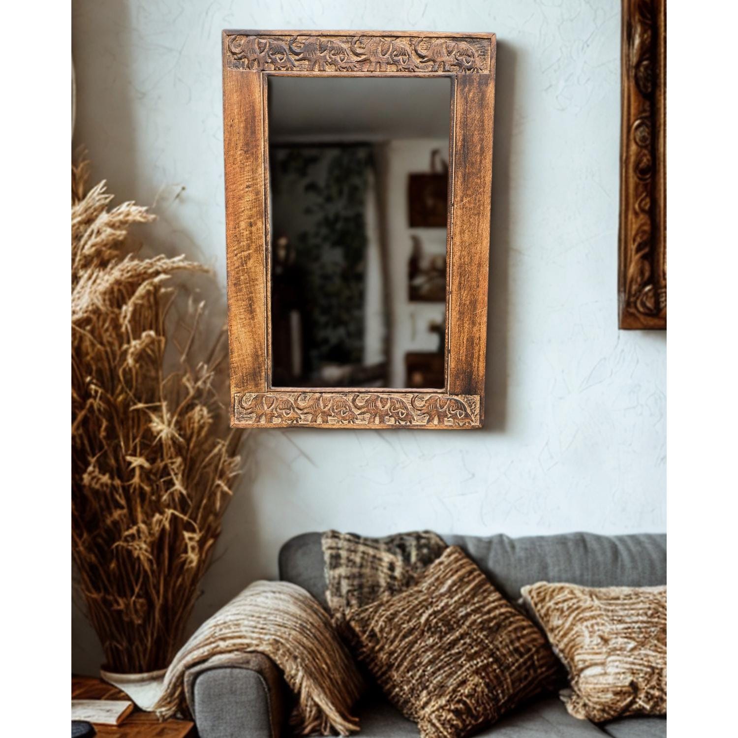 Hand Carved Mirror Mango Wood Elephants design 90x60cm