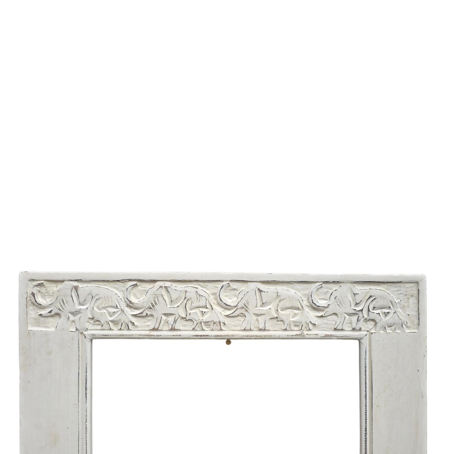 Hand Carved Elephants Mirror Mango wood Distressed White painted 90x60cm