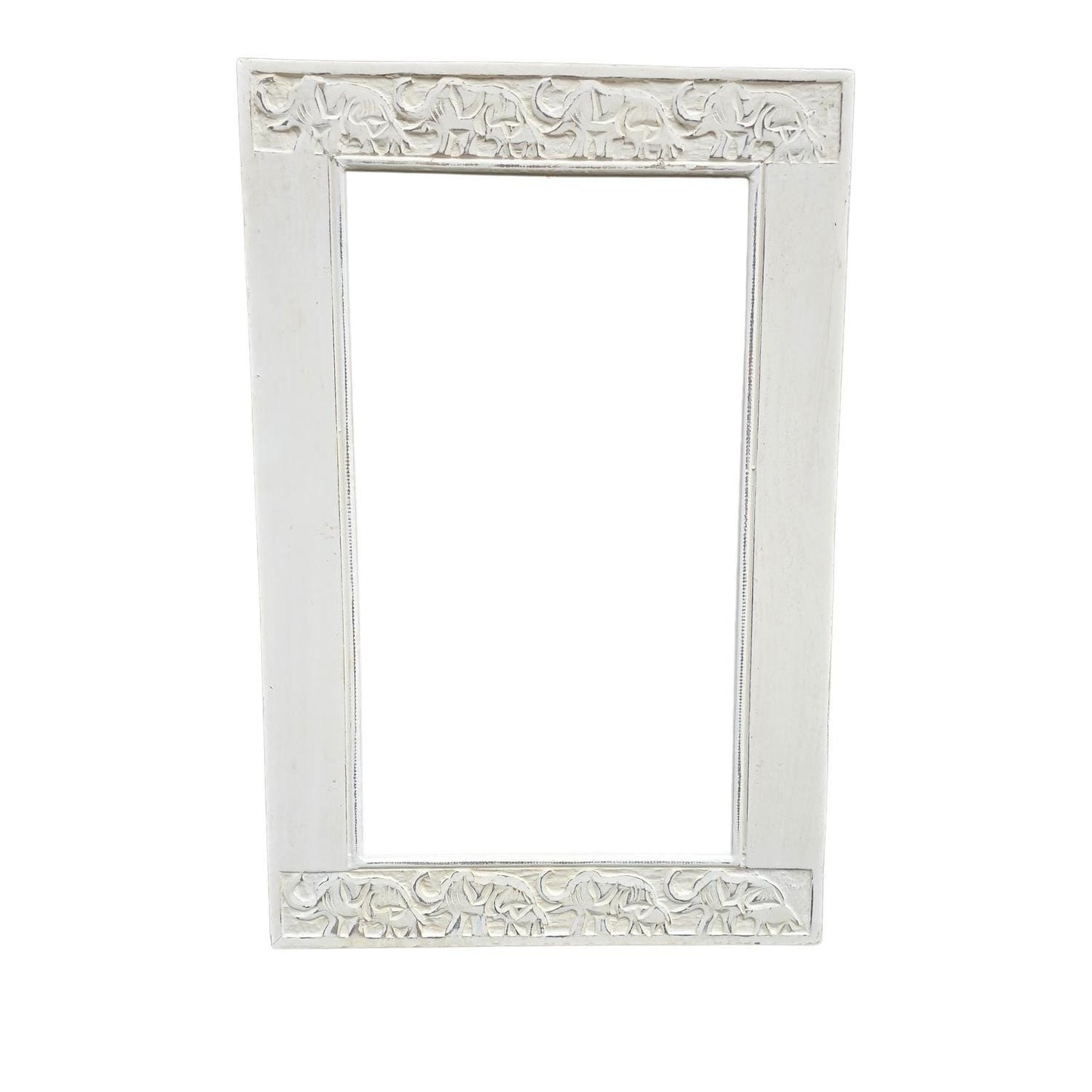 Hand Carved Elephants Mirror Mango wood Distressed White painted 90x60cm