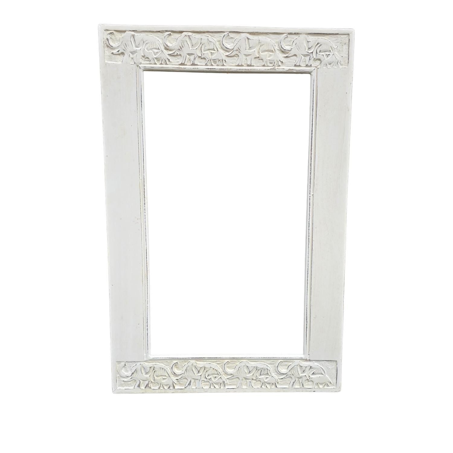 Hand Carved Elephants Mirror Mango wood Distressed White painted 90x60cm