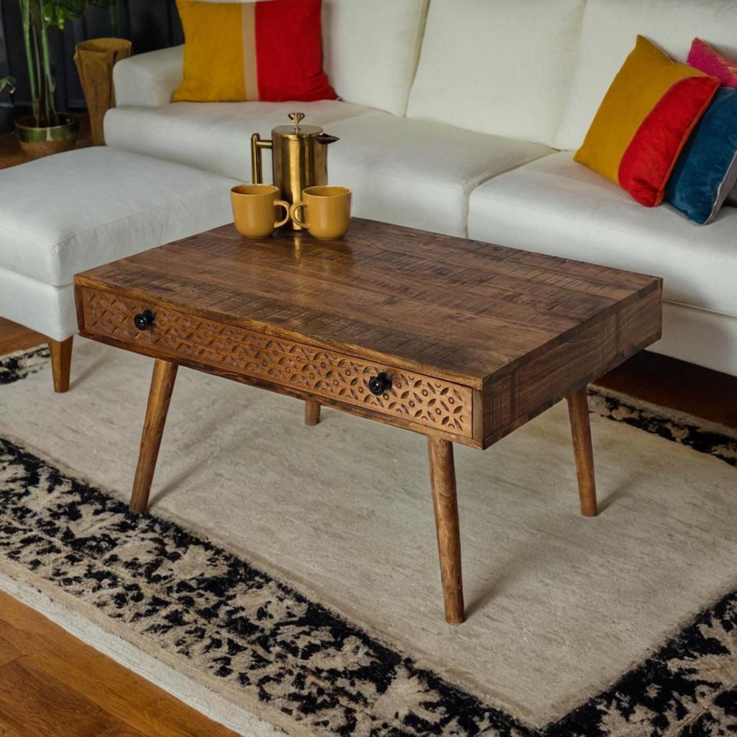 Acacia wood Coffee Table with Hand carved drawer 90x60cm