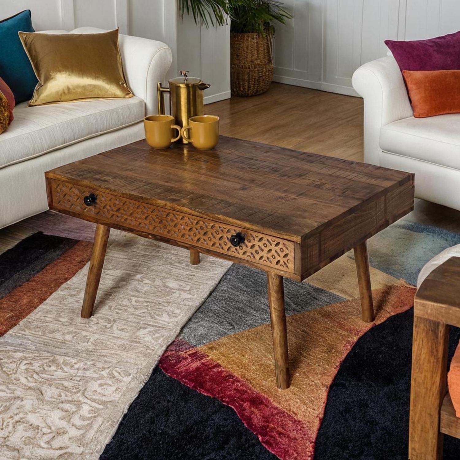 Acacia wood Coffee Table with Hand carved drawer 90x60cm