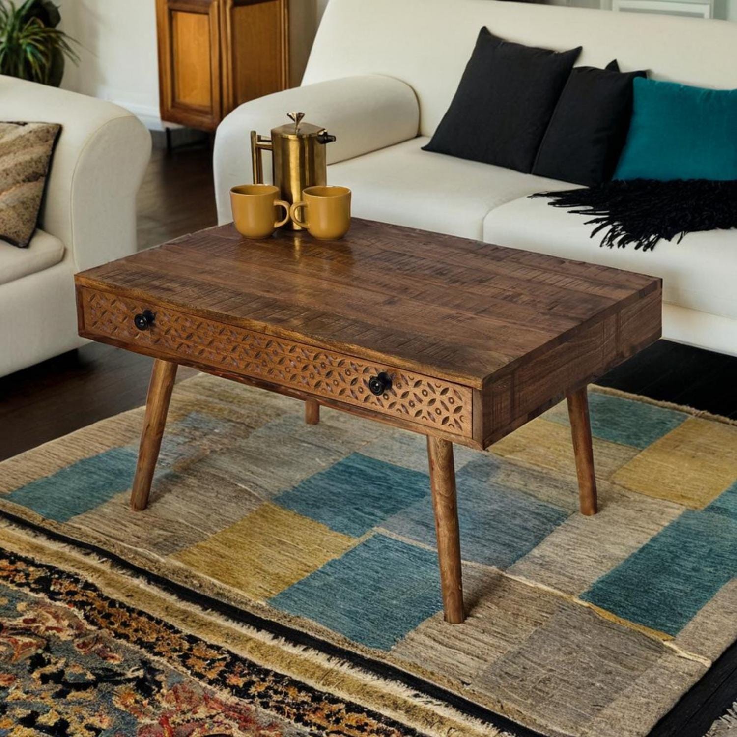 Acacia wood Coffee Table with Hand carved drawer 90x60cm