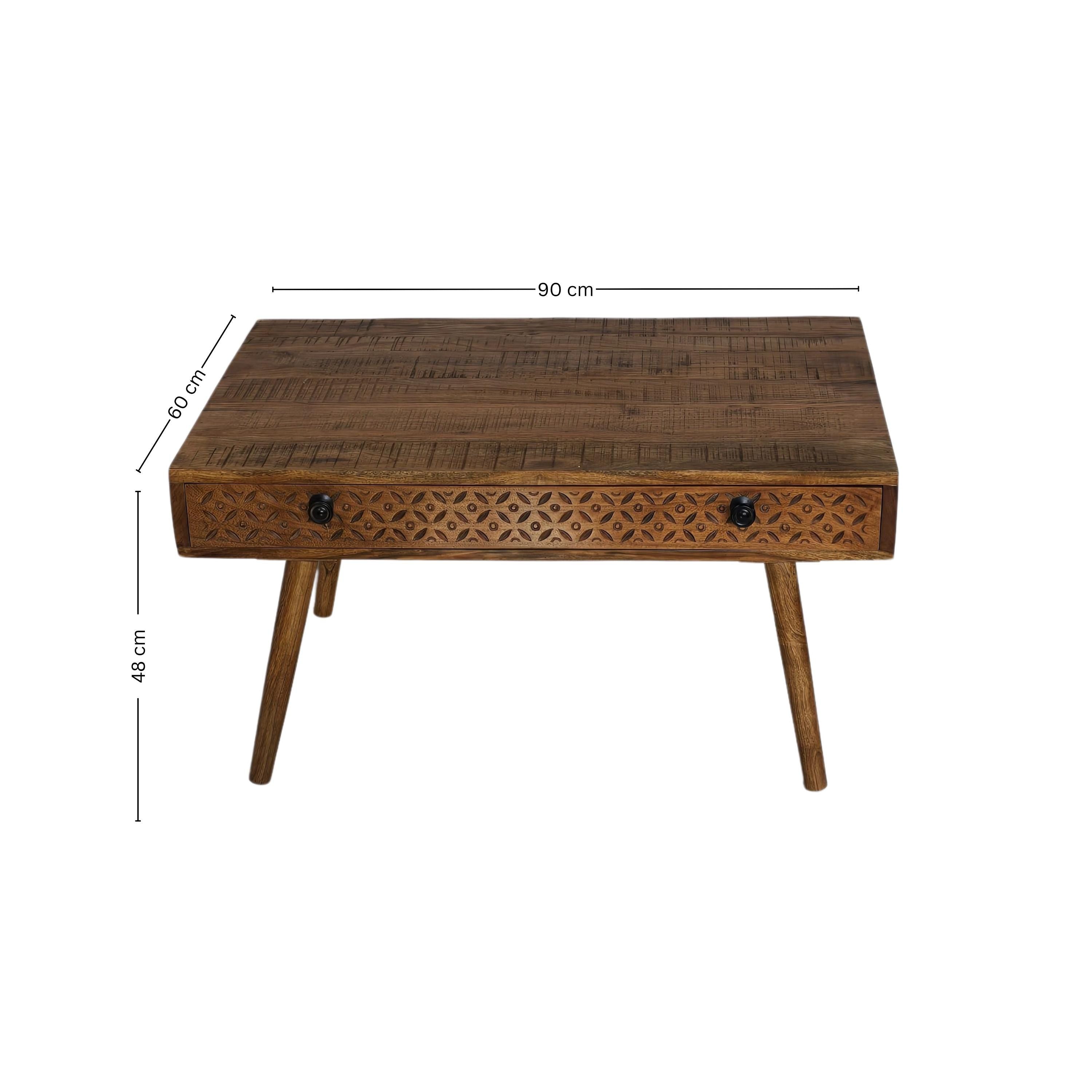 Acacia wood Coffee Table with Hand carved drawer 90x60cm