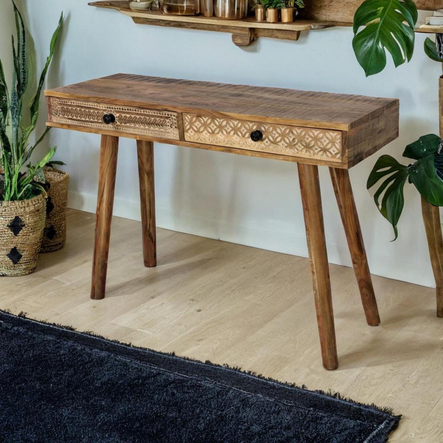 Acacia wood Console table, Computer desk with hand carved drawers