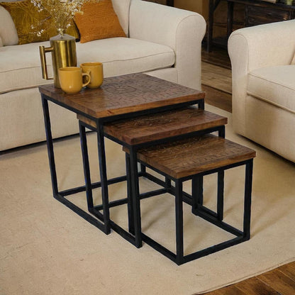 Acacia wood Square set 3 Nesting tables Hand Carved