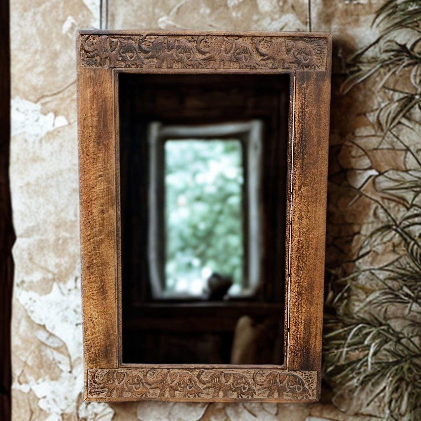 Hand Carved Mirror Mango Wood Elephants design 90x60cm