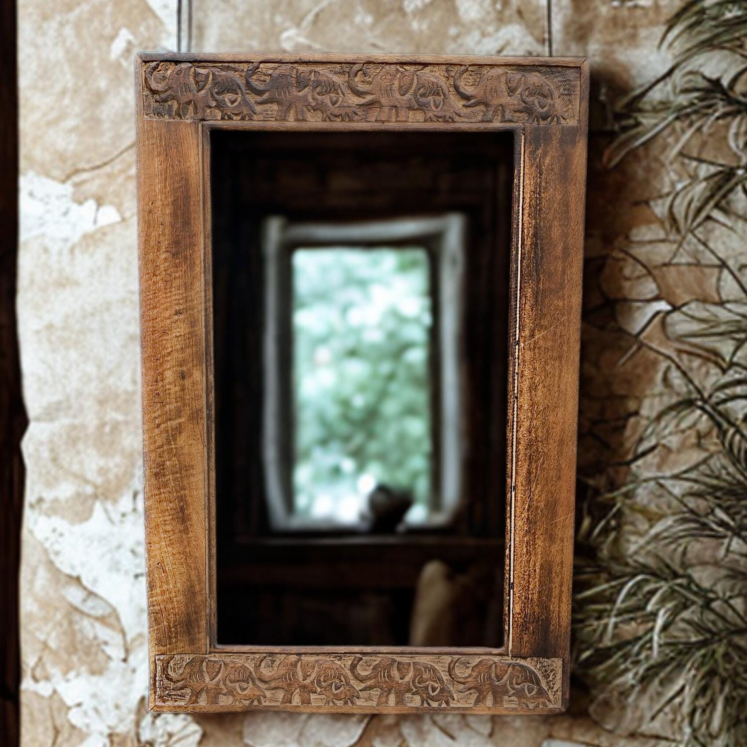 Hand Carved Mirror Mango Wood Elephants design 90x60cm