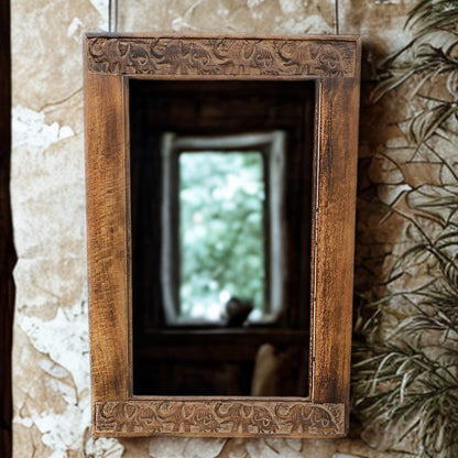 Hand Carved Mirror Mango Wood Elephants design 90x60cm